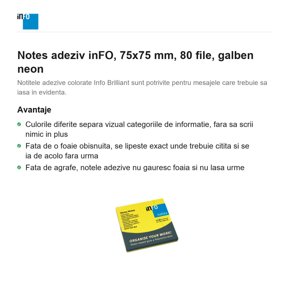 Notes adeziv inFO, 75x75 mm, 80 file, galben neon [2]