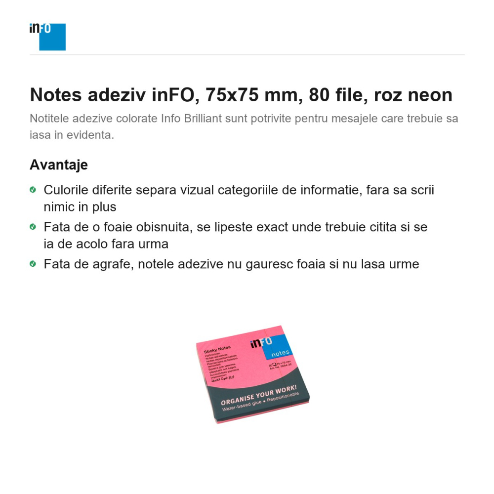 Notes adeziv inFO, 75x75 mm, 80 file, roz neon [2]