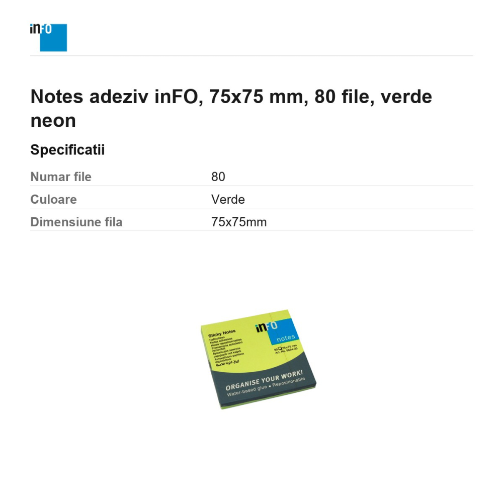 Notes adeziv inFO, 75x75 mm, 80 file, verde neon [3]