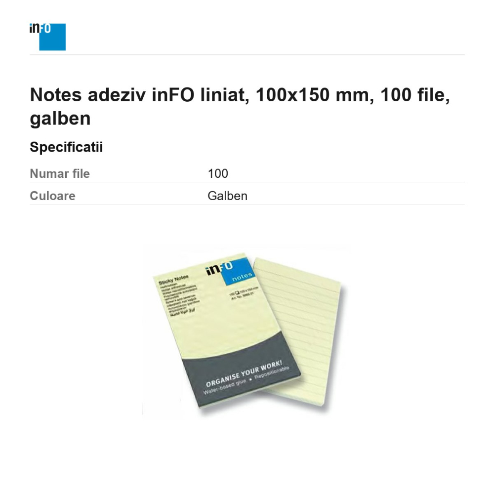Notes adeziv inFO liniat, 100x150 mm, 100 file, galben [3]