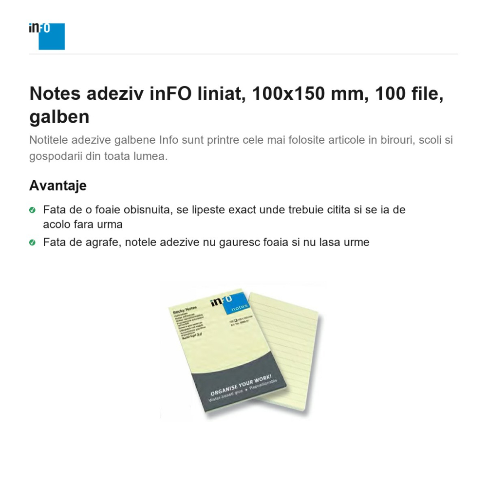 Notes adeziv inFO liniat, 100x150 mm, 100 file, galben [2]