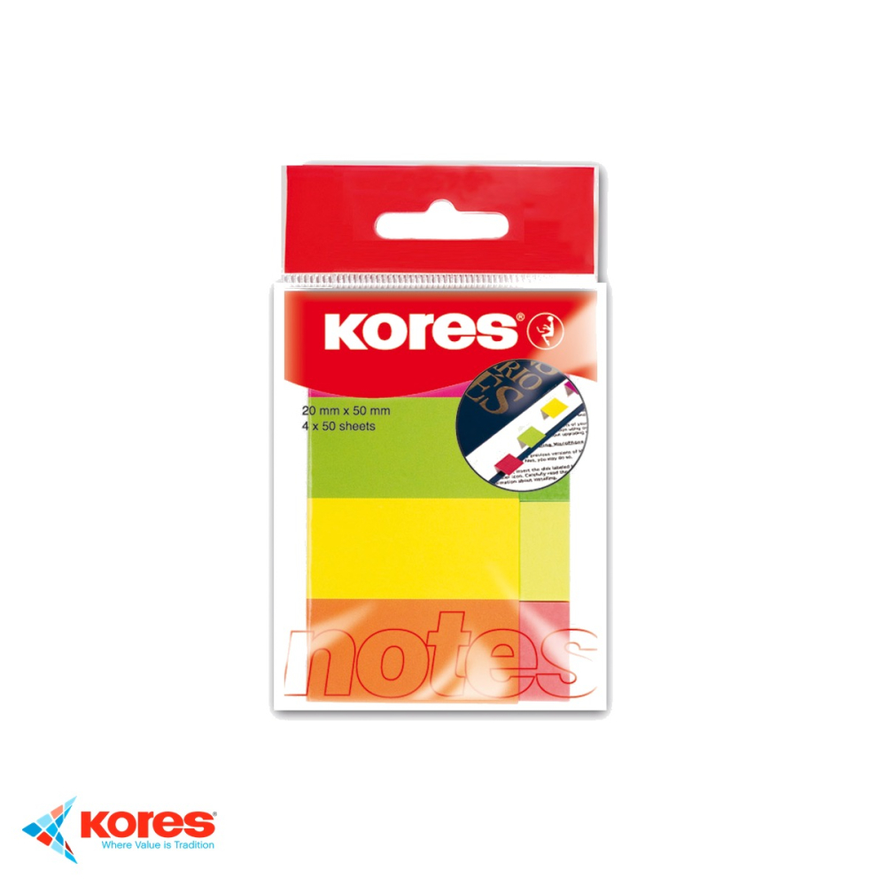 Notes adeziv Kores, 20x50 mm, 4 culori neon, 50 file/culoare, pentru marcare si organizare documente [1]