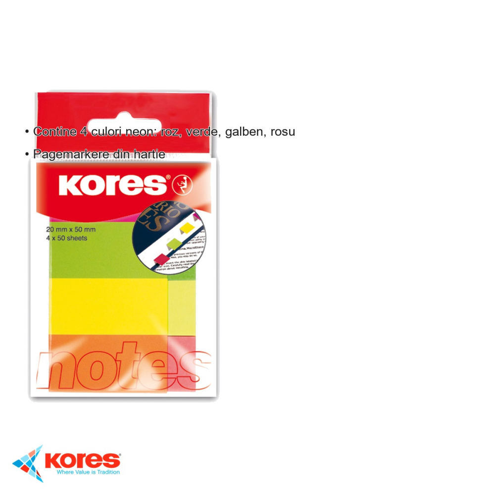 Notes adeziv Kores, 20x50 mm, 4 culori neon, 50 file/culoare, pentru marcare si organizare documente [3]