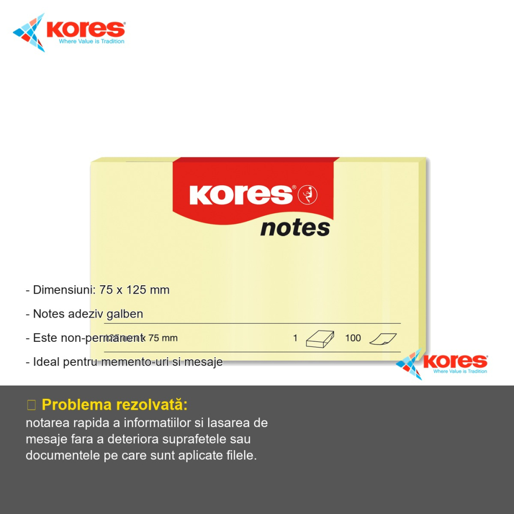 Notes adeziv Kores, 75x125 mm, galben pal, repozitionabil, 100 file - ideal pentru memento-uri si mesaje [2]