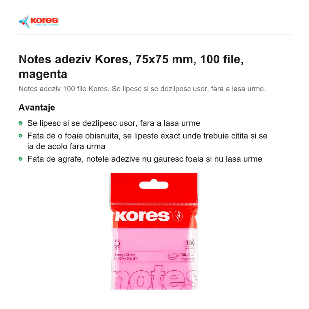 Notes adeziv Kores, 75x75 mm, 100 file, magenta [2]