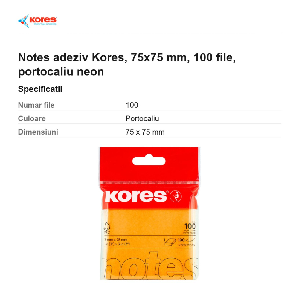 Notes adeziv Kores, 75x75 mm, 100 file, portocaliu neon [3]