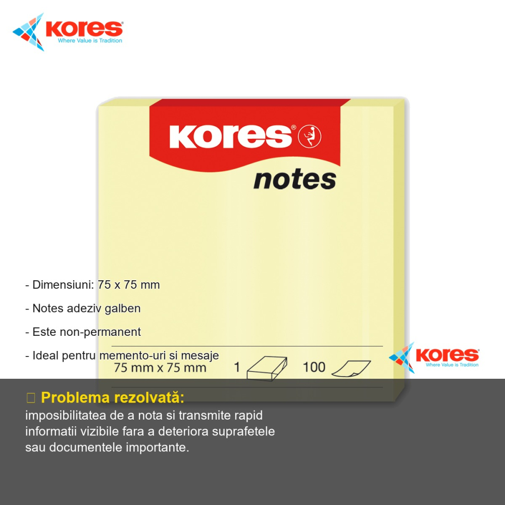 Notes adeziv Kores, 75x75 mm, galben pal, repozitionabil, 100 file, pentru memento-uri si mesaje [2]