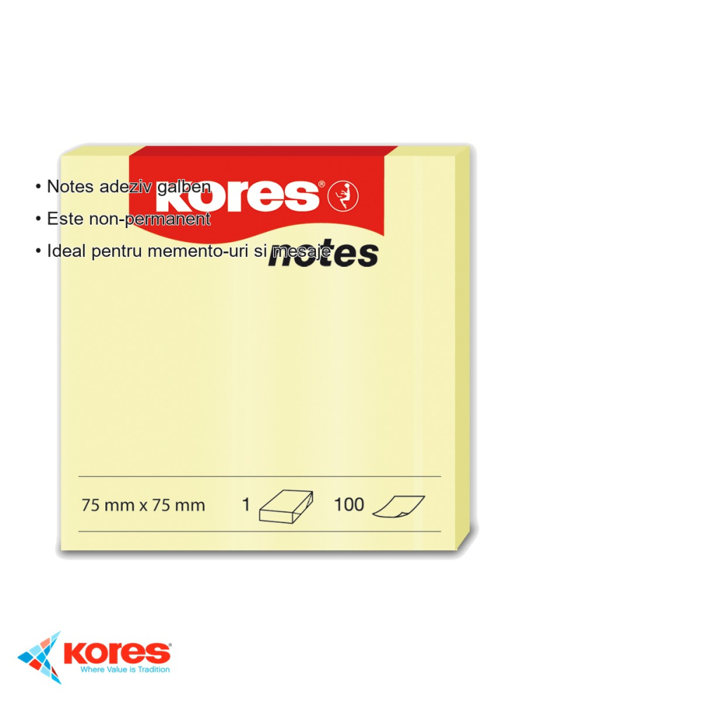 Notes adeziv Kores, 75x75 mm, galben pal, repozitionabil, 100 file, pentru memento-uri si mesaje [3]