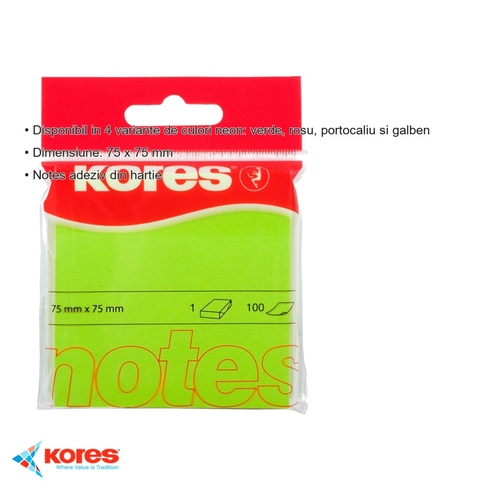 Notes adeziv Kores, 75x75 mm, verde neon, 100 file, repozitionabil, pentru memento-uri si mesaje [3]