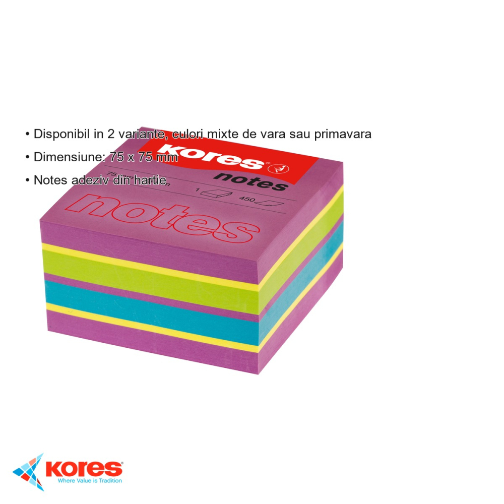 Notes adeziv Kores, culori neon mixte de primavara, 75x75 mm, 450 file, pentru memento-uri si organizare [3]