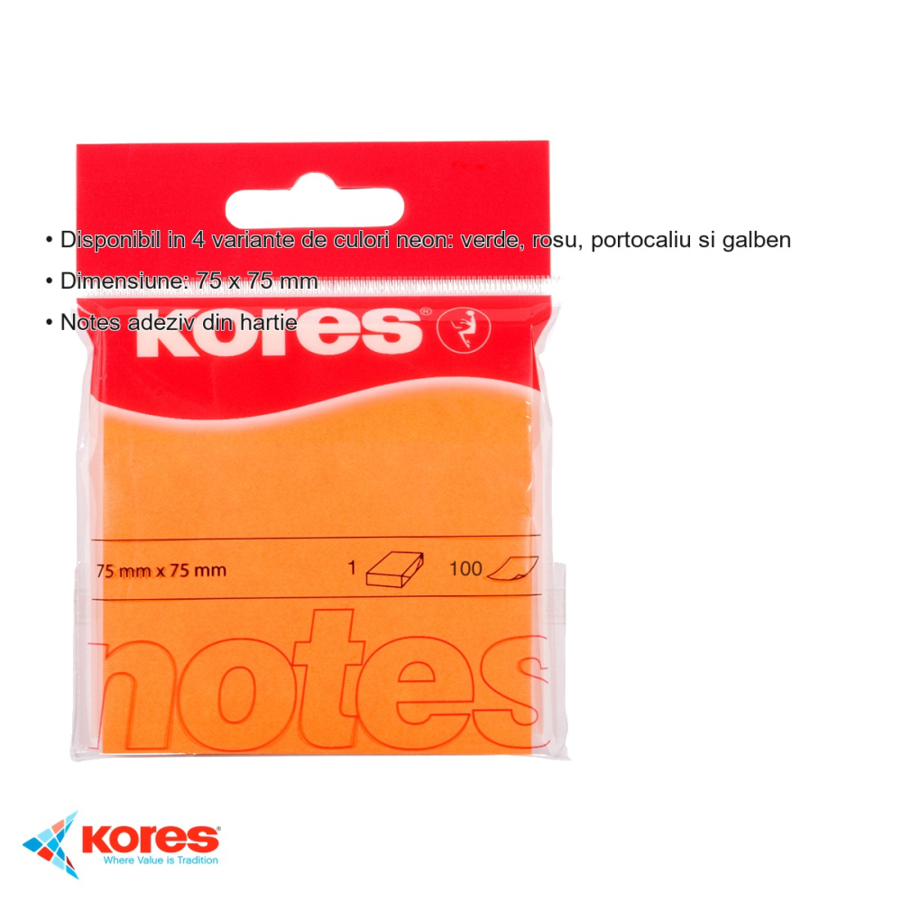Notes adeziv Kores portocaliu neon, 75x75 mm, 100 file, repozitionabil, pentru memento-uri si mesaje [3]