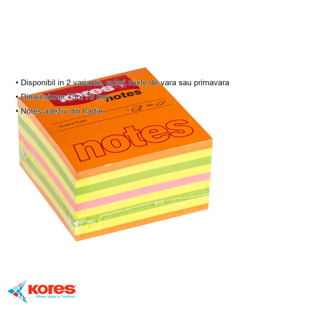 Notes adeziv Kores Summer, 75x75 mm, 450 file, culori neon mixte de vara, pentru memento-uri si mesaje [3]