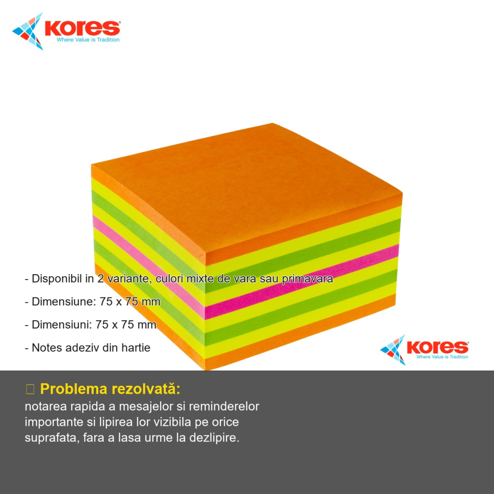 Notes adeziv Kores Summer, 75x75 mm, 450 file, culori neon mixte de vara, pentru memento-uri si mesaje [2]