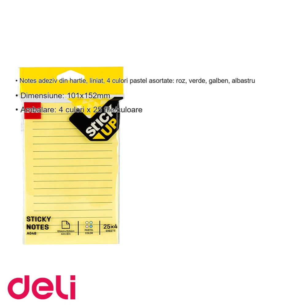 Notes adeziv liniat Deli, 4 culori pastel, 101x152 mm, 100 file, pentru organizare acasa si la birou [3]