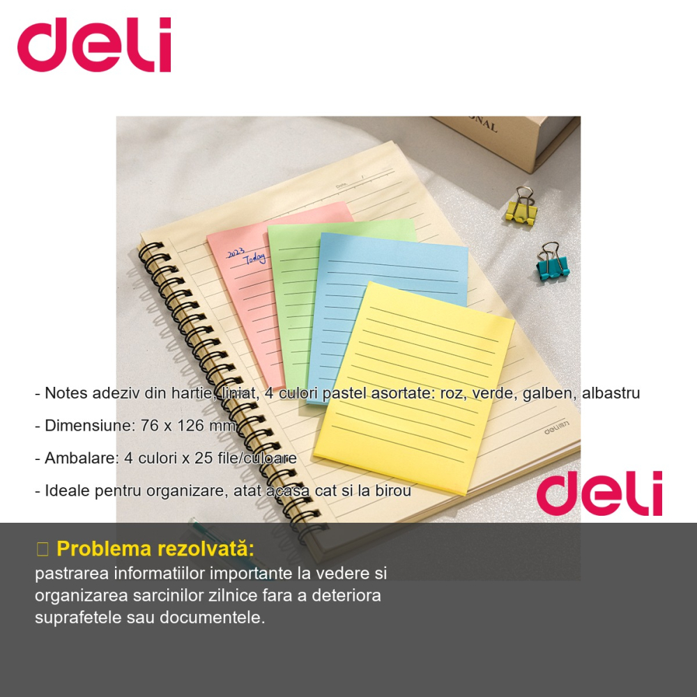 Notes adeziv liniat Deli, 4 culori pastel asortate, 76 x 126 mm, 100 file, pentru birou si acasa [2]