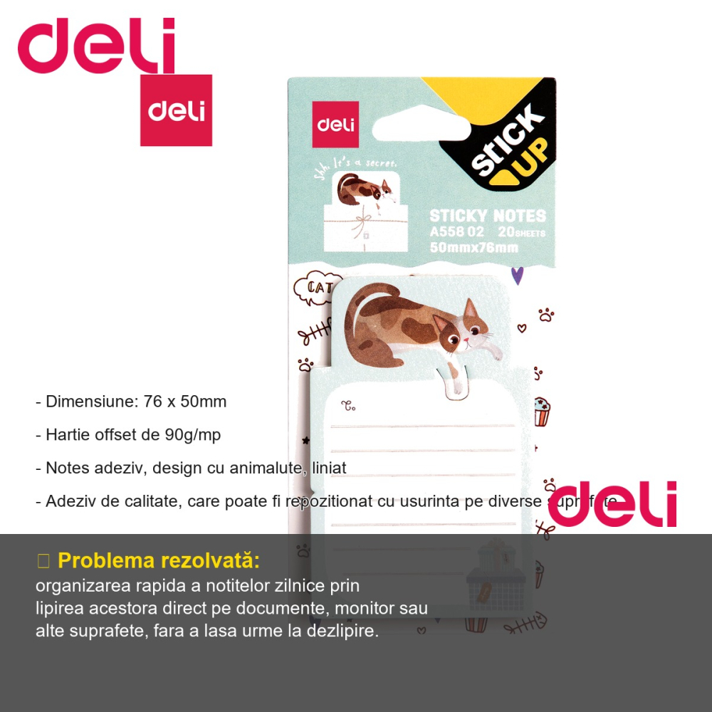 Notes adeziv liniat Deli, design cu animalute, 76x50mm, 20 file, pentru birou si scoala [2]