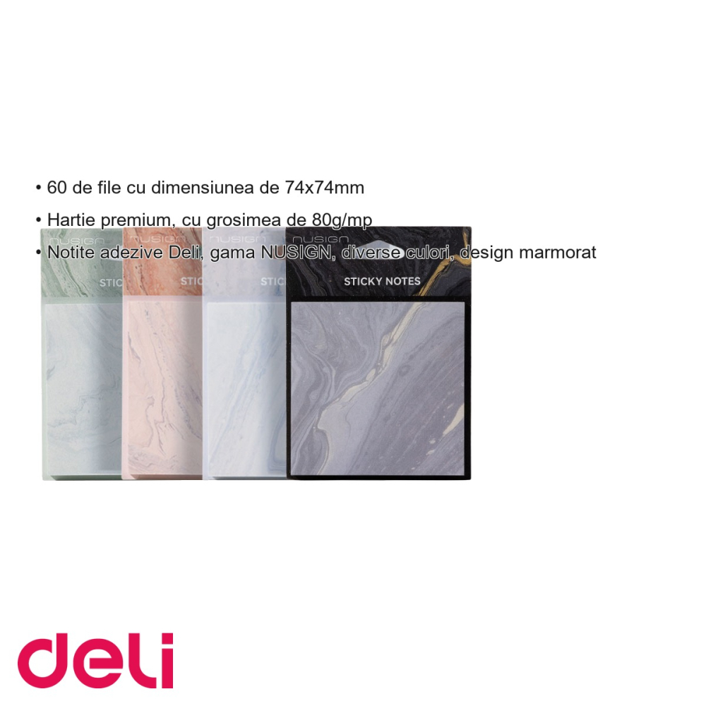 Notite adezive Deli Nusign, design marmorat, 74x74mm, 60 file, hartie premium 80g, pentru birou si organizare [3]