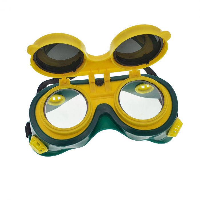 Ochelari de protectie industriali, tip masca, doua perechi de lentile, cu ventilatie indirecta, verzi cu galben [2]