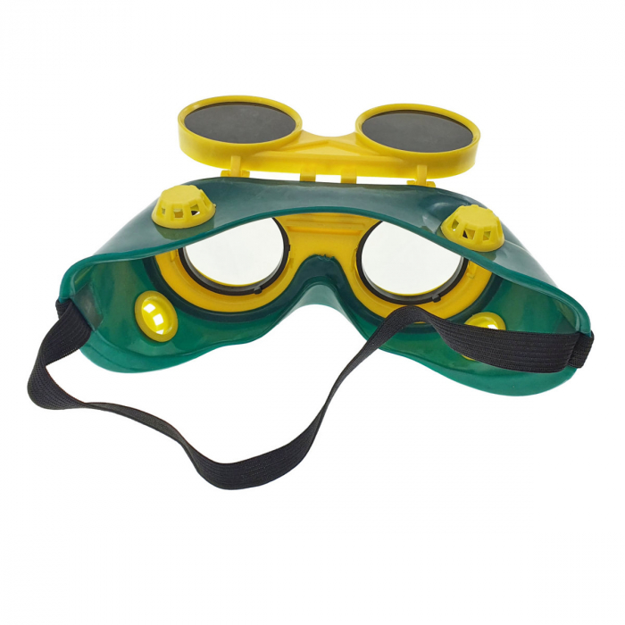 Ochelari de protectie industriali, tip masca, doua perechi de lentile, cu ventilatie indirecta, verzi cu galben [3]