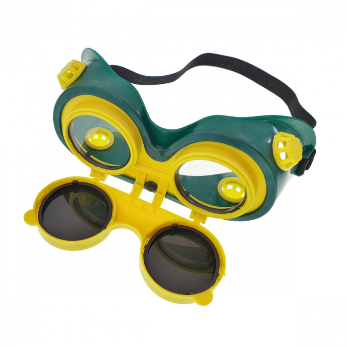 Ochelari de protectie industriali, tip masca, doua perechi de lentile, cu ventilatie indirecta, verzi cu galben [7]