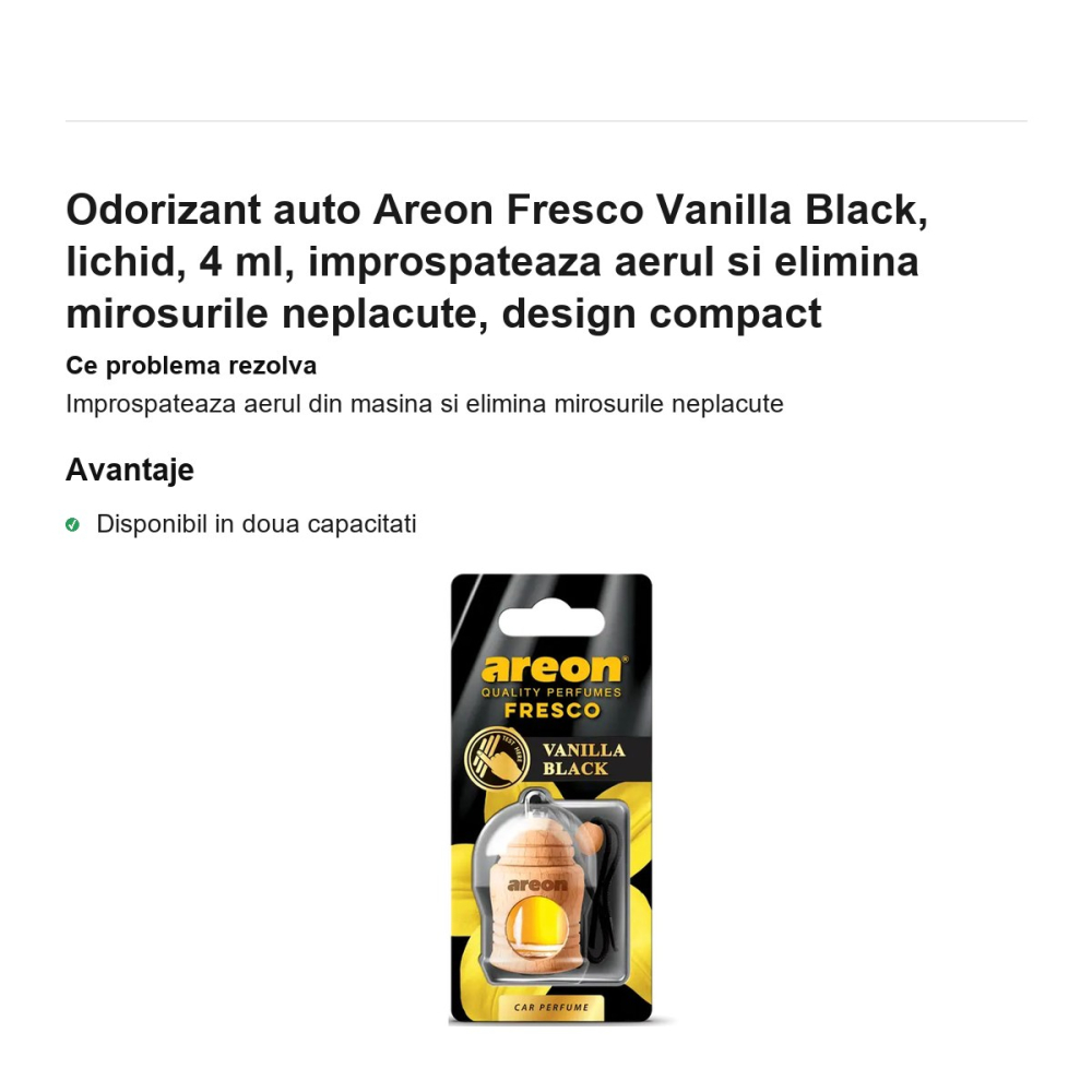 Odorizant auto Areon Fresco Vanilla Black, lichid, 4 ml, improspateaza aerul si elimina mirosurile neplacute, design compact [2]