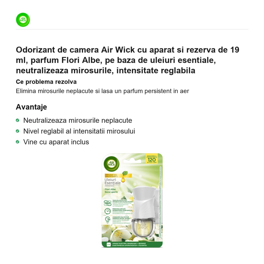 Odorizant de camera Air Wick cu aparat si rezerva de 19 ml, parfum Flori Albe, pe baza de uleiuri esentiale, neutralizeaza mirosurile, intensitate reglabila [2]