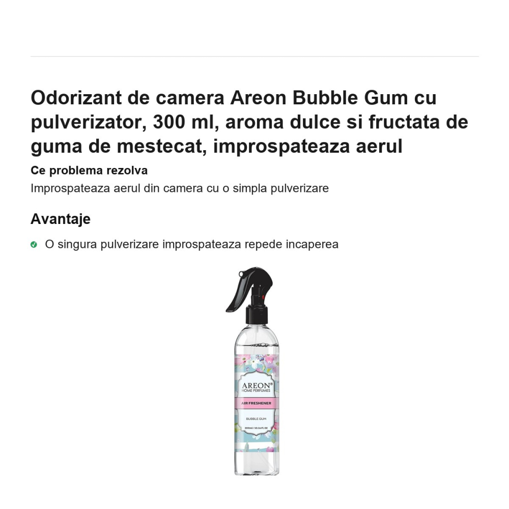 Odorizant de camera Areon Bubble Gum cu pulverizator, 300 ml, aroma dulce si fructata de guma de mestecat, improspateaza aerul [2]