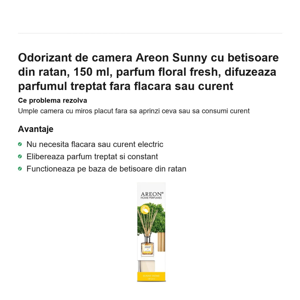 Odorizant de camera Areon Sunny cu betisoare din ratan, 150 ml, parfum floral fresh, difuzeaza parfumul treptat fara flacara sau curent [2]
