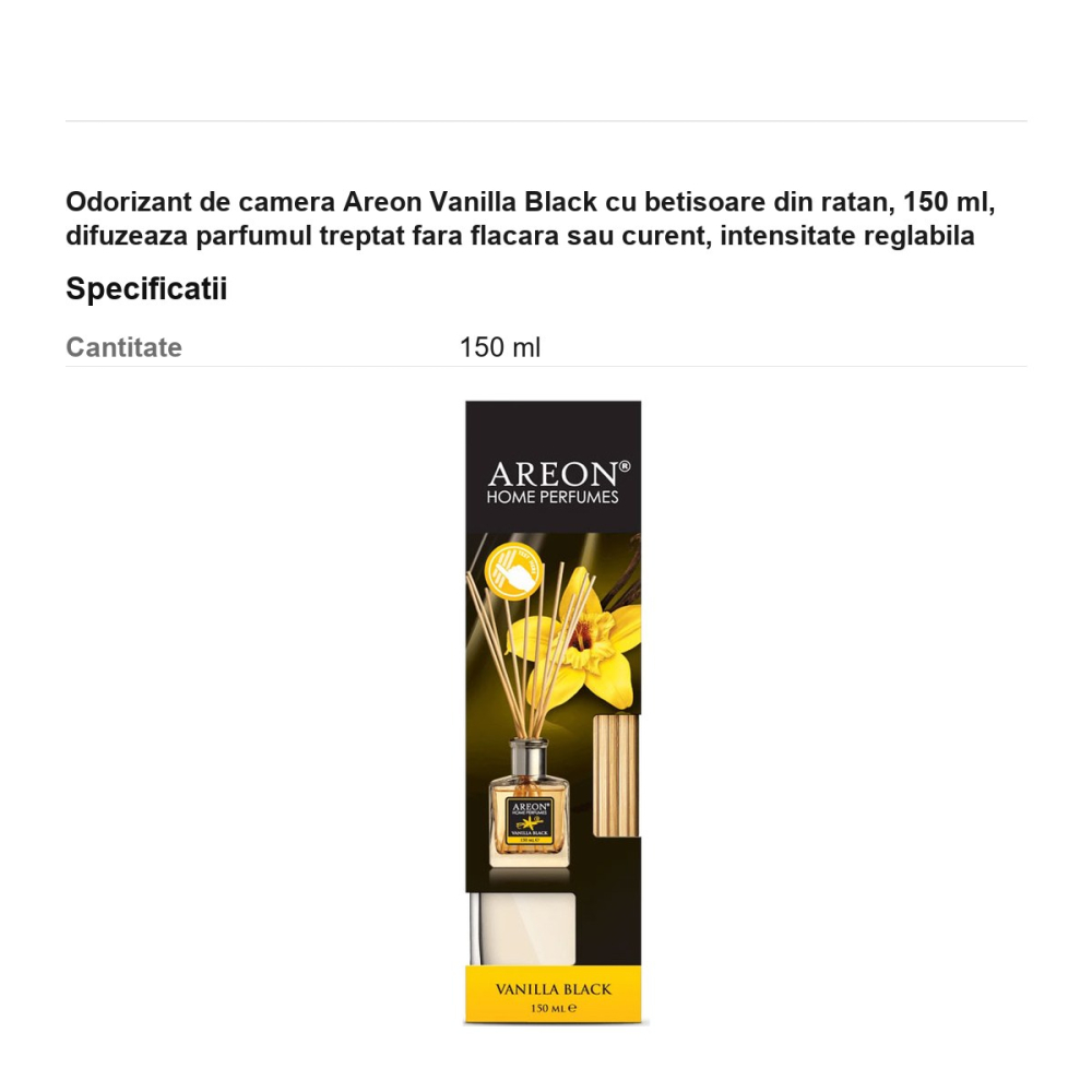 Odorizant de camera Areon Vanilla Black cu betisoare din ratan, 150 ml, difuzeaza parfumul treptat fara flacara sau curent, intensitate reglabila [3]