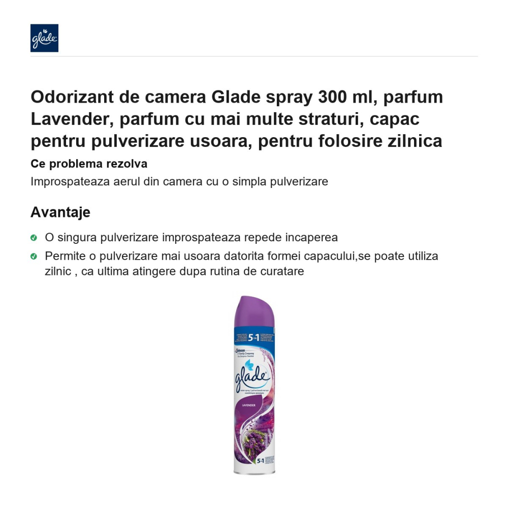 Odorizant de camera Glade spray 300 ml, parfum Lavender, parfum cu mai multe straturi, capac pentru pulverizare usoara, pentru folosire zilnica [2]