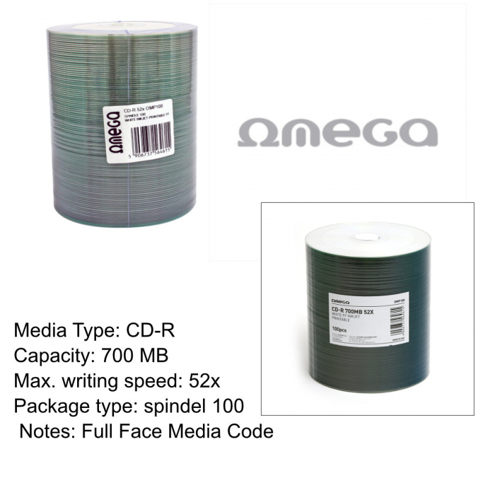 OMEGA CD-R 700MB  WHITE INKJET PRINTABLE FF 52X SET*100 [56461] [2]