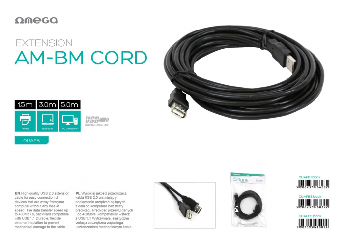 Cablu Omega USB 2.0 EXTENSION CORD AM - AF 1,5M bulk 56628 - OUAFB1 [2]