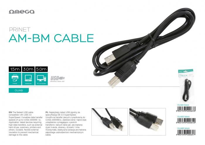 Cablu Omega pentru Imprimanta USB 2.0 de 3 m [4]
