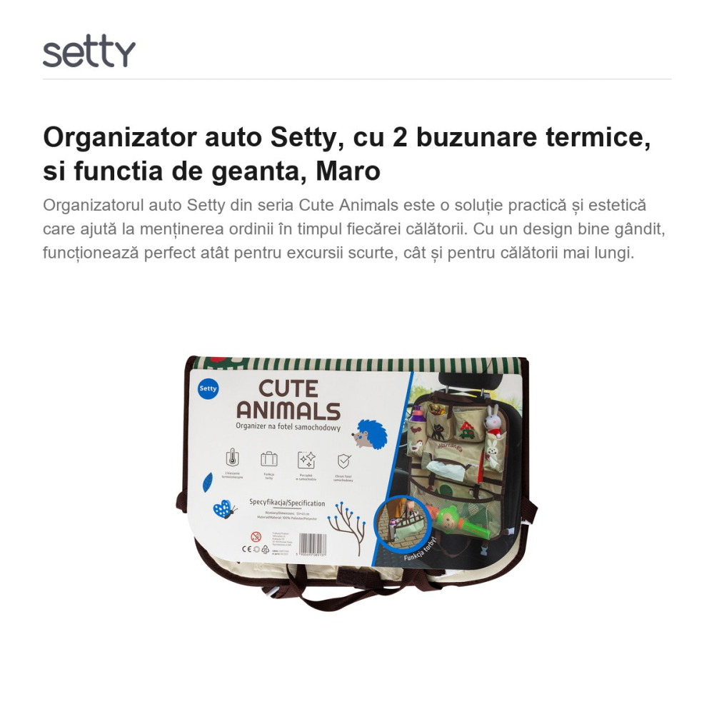 Organizator auto Setty, cu 2 buzunare termice, si functia de geanta, Maro [2]