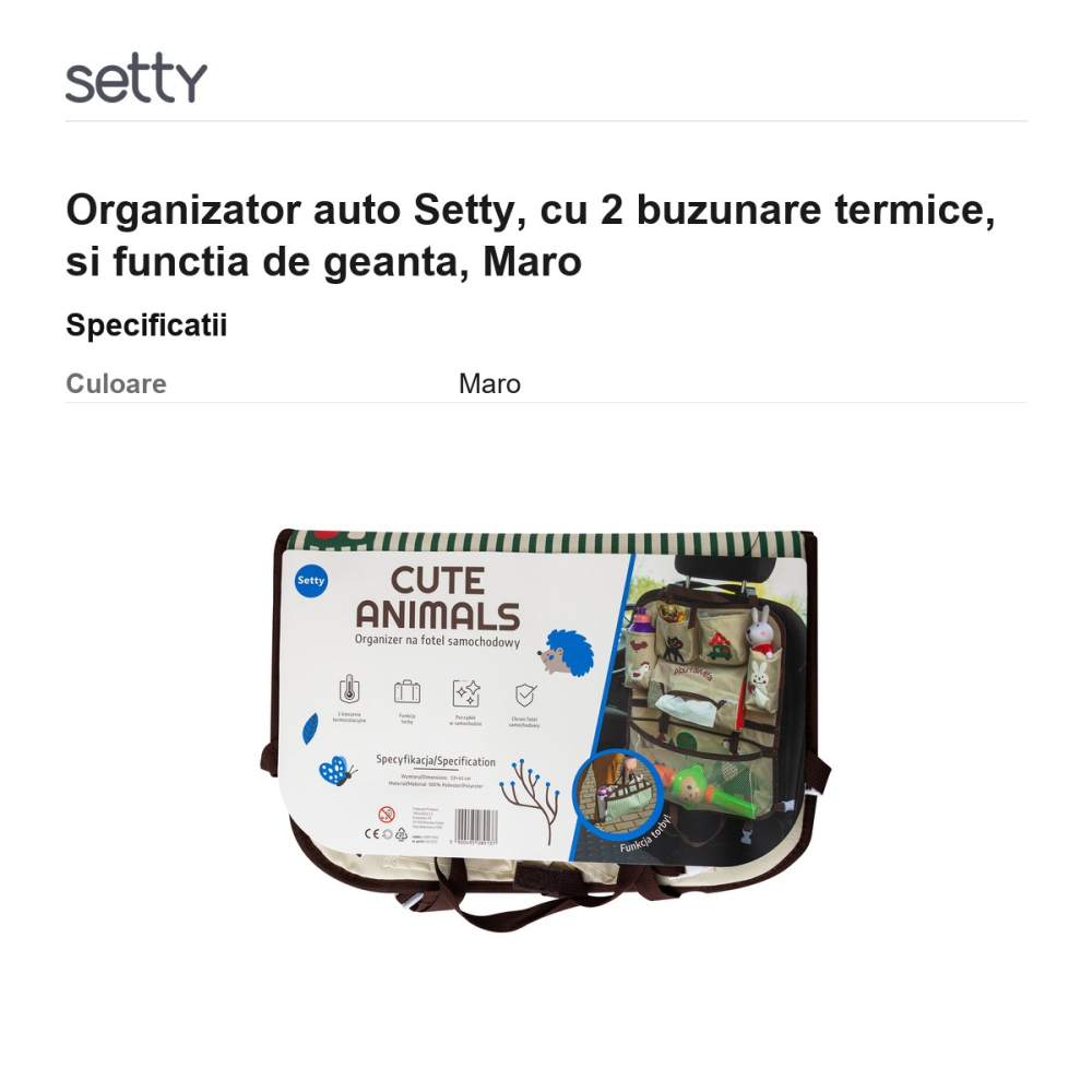 Organizator auto Setty, cu 2 buzunare termice, si functia de geanta, Maro [3]