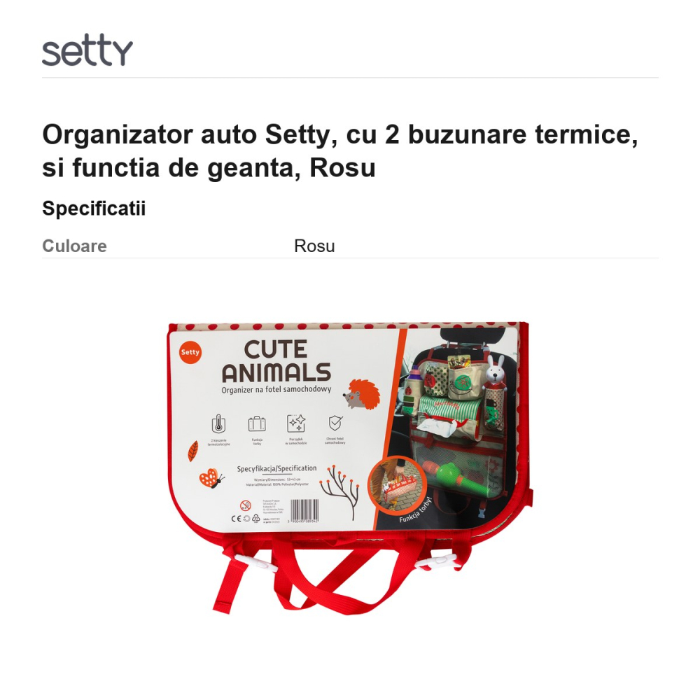 Organizator auto Setty, cu 2 buzunare termice, si functia de geanta, Rosu [3]
