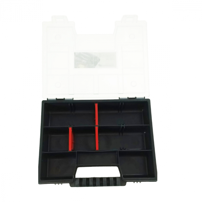 Organizator portabil cu maner, 10 compartimente cu despartitoare detasabile, 195x155x35mm, capac transparent, negru [2]