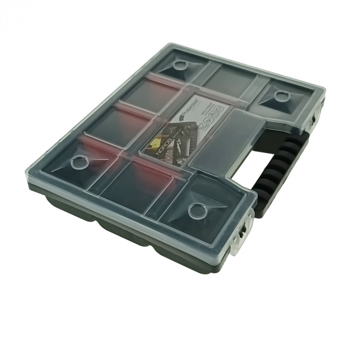 Organizator portabil cu maner, 10 compartimente cu despartitoare detasabile, 195x155x35mm, capac transparent, negru [5]