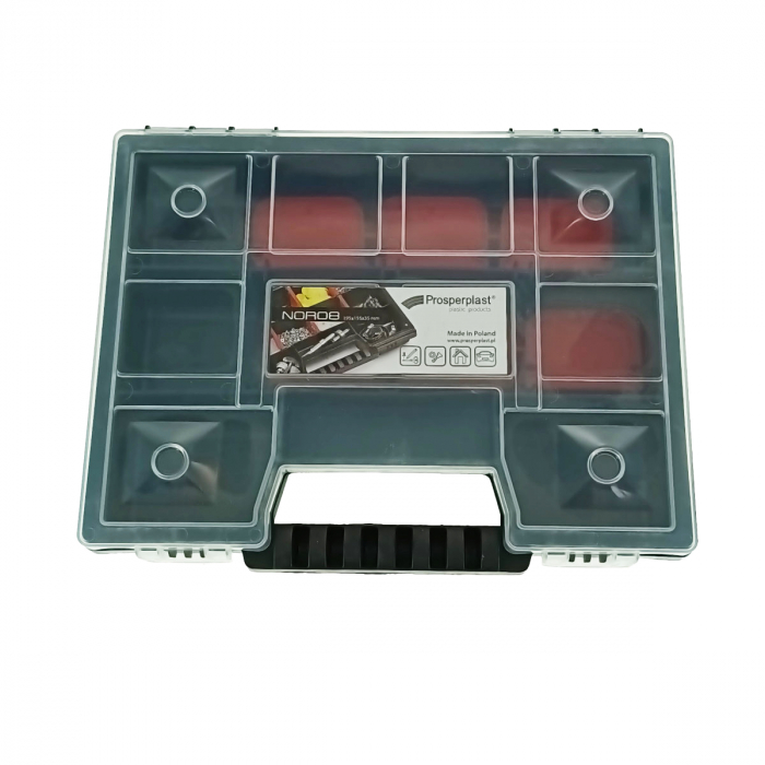 Organizator portabil cu maner, 10 compartimente cu despartitoare detasabile, 195x155x35mm, capac transparent, negru [3]