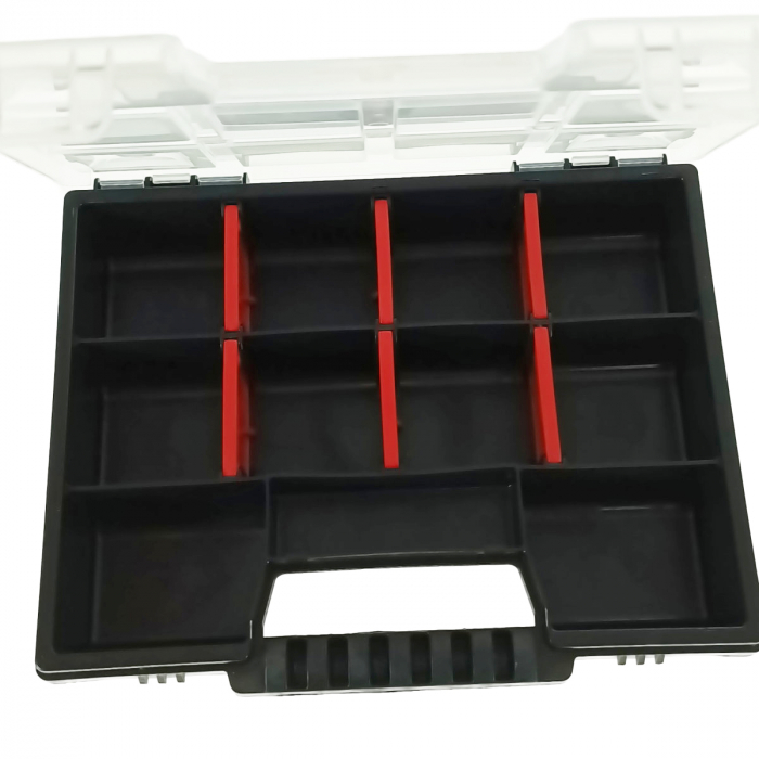 Organizator portabil cu maner, 10 compartimente cu despartitoare detasabile, 195x155x35mm, capac transparent, negru [4]