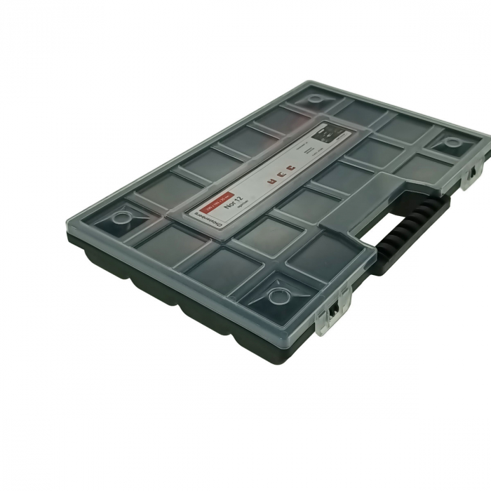 Organizator portabil cu maner, 20 compartimente cu despartitoare detasabile, 290x195x35mm, capac transparent, negru [3]