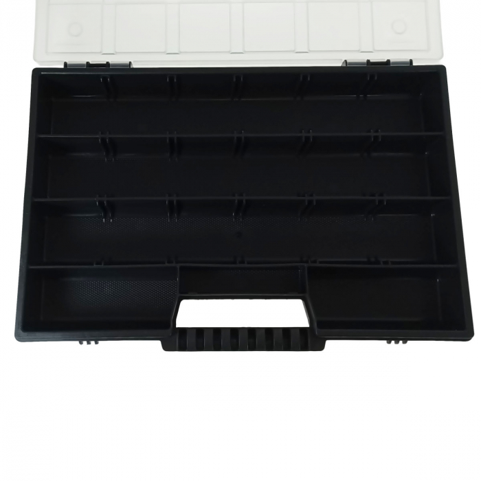 Organizator portabil cu maner, 20 compartimente cu despartitoare detasabile, 290x195x35mm, capac transparent, negru [5]