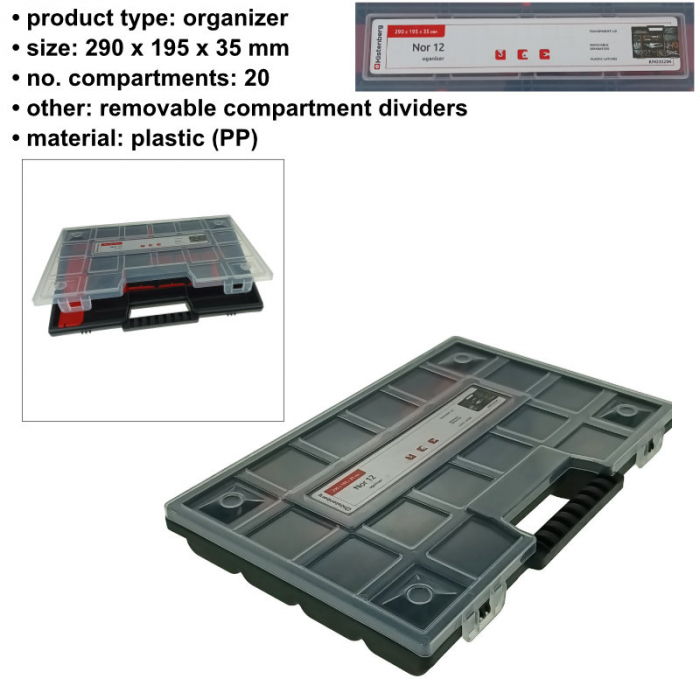 Organizator portabil cu maner, 20 compartimente cu despartitoare detasabile, 290x195x35mm, capac transparent, negru [6]