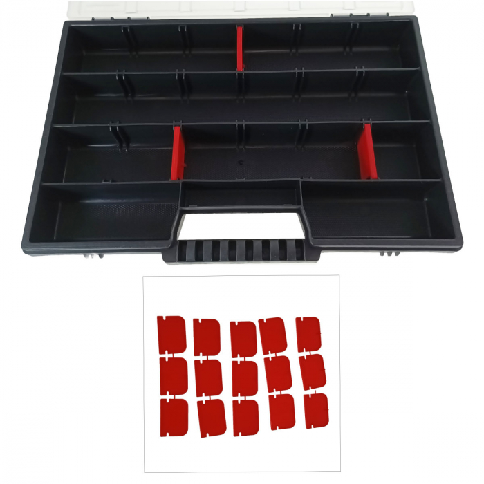 Organizator portabil cu maner, 20 compartimente cu despartitoare detasabile, 290x195x35mm, capac transparent, negru [4]