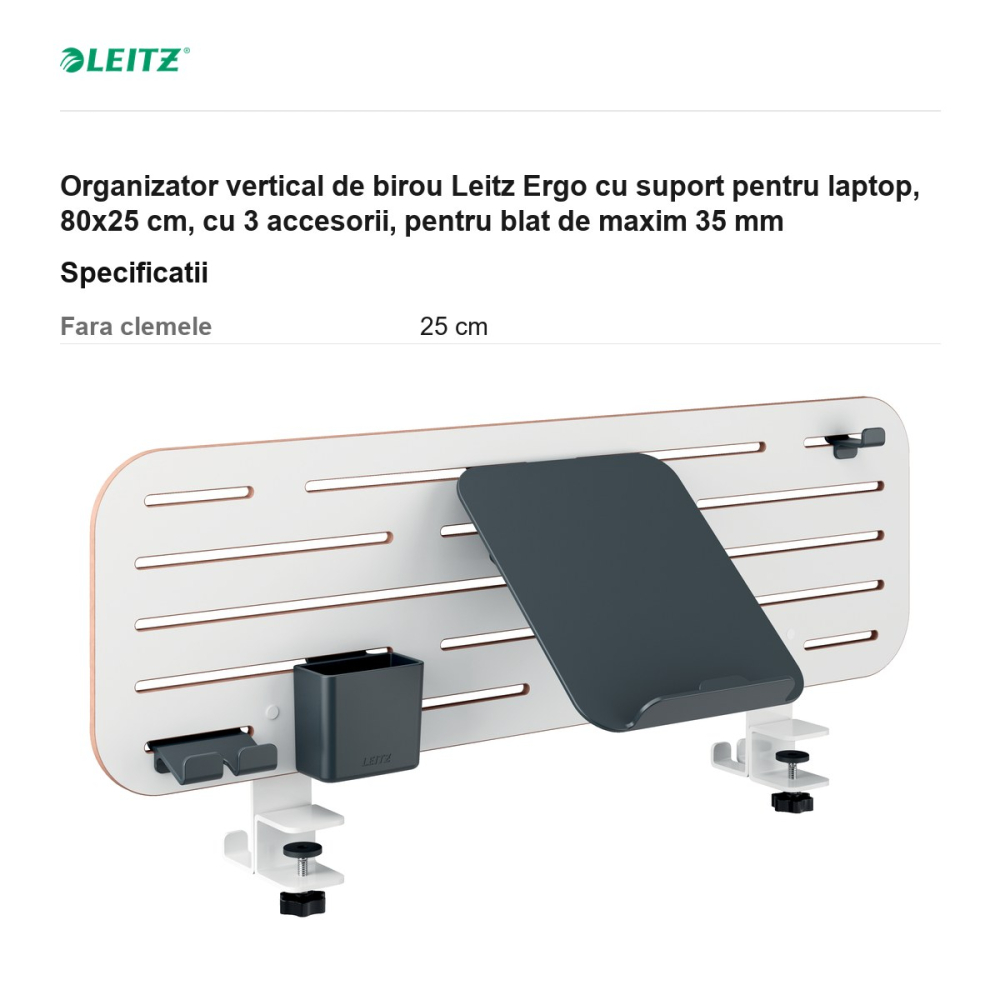Organizator vertical de birou Leitz Ergo cu suport pentru laptop, 80x25 cm, cu 3 accesorii, pentru blat de maxim 35 mm [3]