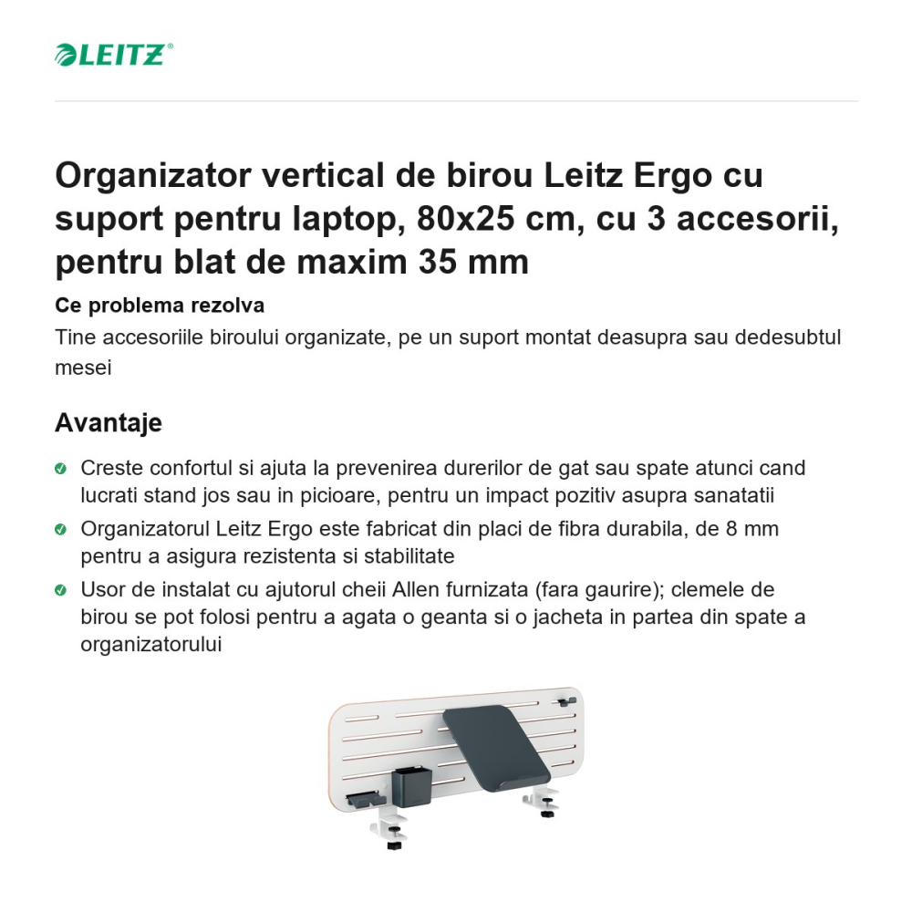 Organizator vertical de birou Leitz Ergo cu suport pentru laptop, 80x25 cm, cu 3 accesorii, pentru blat de maxim 35 mm [2]