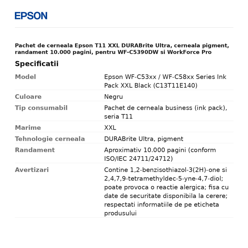 Pachet de cerneala Epson T11 XXL DURABrite Ultra, cerneala pigment, randament 10.000 pagini, pentru WF-C5390DW si WorkForce Pro WF-C5890DWF, negru, C13T11E140 [3]