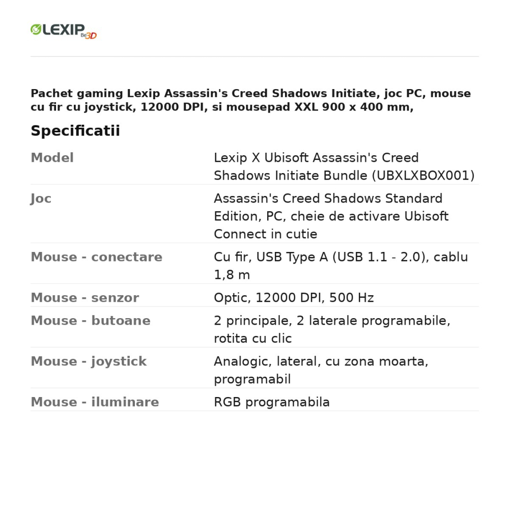 Pachet gaming Lexip Assassin's Creed Shadows Initiate, joc PC, mouse cu fir cu joystick, 12000 DPI, si mousepad XXL 900 x 400 mm, UBXLXBOX001 [3]