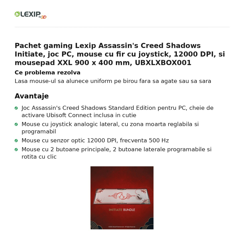 Pachet gaming Lexip Assassin's Creed Shadows Initiate, joc PC, mouse cu fir cu joystick, 12000 DPI, si mousepad XXL 900 x 400 mm, UBXLXBOX001 [2]