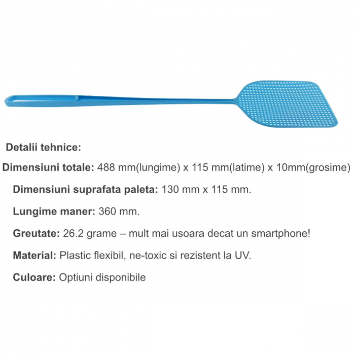 Paleta manuala Anti-Muste si Insecte cu maner flexibil, suprafata 130 x 115 x 2 mm, lungime maner 360mm, albastra [3]